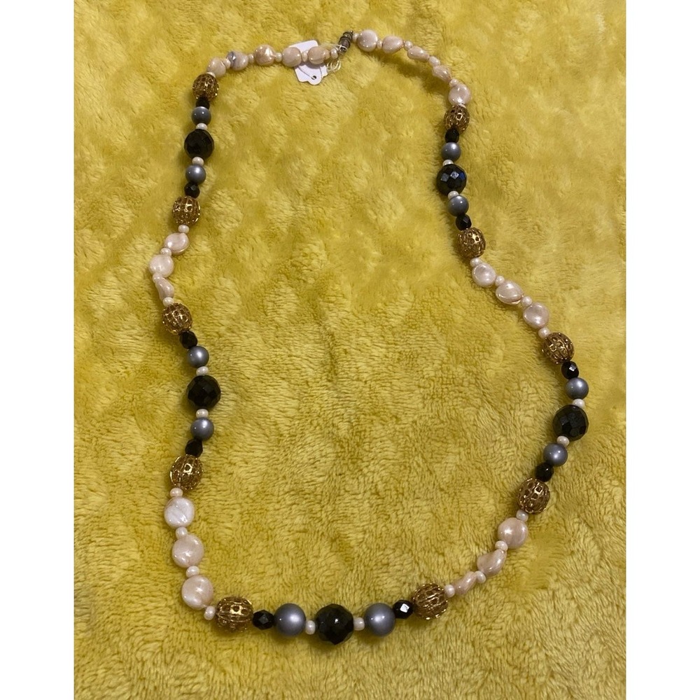 Chic Beaded‎ Necklace Baroque Pearls Black Grey Gold Tone Statement